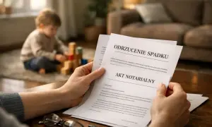 Dłoń trzyma dokument "Odrzucenie spadku", podczas gdy w tle bawi się dziecko.