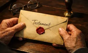 Starzec trzyma zapieczętowaną kopertę z napisem "Testament". Okulary i pieczęć sugerują ważne wezwanie na odczytanie testamentu.