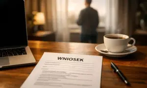 Na biurku leży wniosek, laptop i filiżanka kawy. Mężczyzna stoi przy oknie, rozważając pracę zdalną okazjonalną.