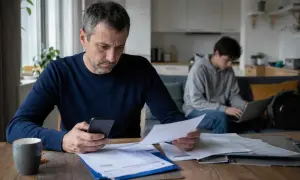 Ojciec z telefonem i dokumentami analizuje wydatki, podczas gdy syn pracuje przy laptopie. Myśli o obowiązek alimentacyjny do 26 roku życia.