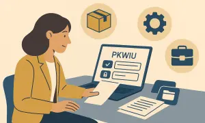 Kobieta przy laptopie z napisem PKWIU, symbolami i dokumentami. Proces wyrejestrowania z VAT.
