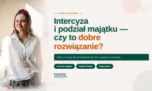 Kobieta w białej koszuli i czerwonej opasce na włosach. Grafika omawia intercyzę i podział majątku, wyjaśniając, co to jest rozdzielność majątkowa.