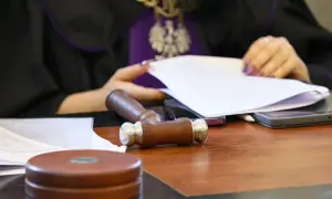Sąd rozpatruje sprawę dziedziczenia po osobie zmarłej za granicą. Sędzia w todze z łańcuchem i orłem przegląda dokumenty.