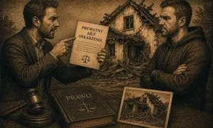Mężczyzna pokazuje **prywatny akt oskarżenia** na tle zniszczonego domu. Obok leży księga "Prawo" i zdjęcie ruiny.