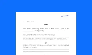 Aneks do umowy o pracę, który stanowi porozumienie zmieniające warunki pracy i płacy. Dokument zawiera dane pracodawcy i pracownika.