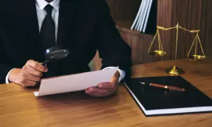 Prawnik analizuje dokumenty, być może dotyczące zrzeczenia się dożywocia. Na biurku waga sprawiedliwości i notatnik.