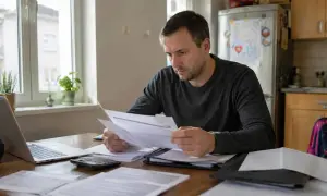 Mężczyzna analizuje dokumenty, przygotowując wniosek o obniżenie alimentów. Na stole laptop, kalkulator i sterta papierów.