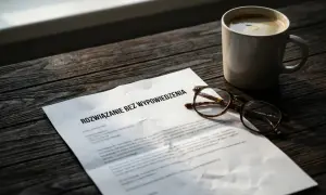 Dokument "Rozwiązanie bez wypowiedzenia" leży obok okularów i kawy. Może to oznaczać ciężkie naruszenie obowiązków pracowniczych.