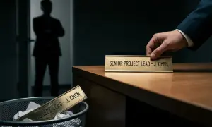 Złota tabliczka "SENIOR PROJECT LEAD - J. CHEN" jest zabierana z biurka, podczas gdy poprzednia leży w koszu na śmieci. To symbol likwidacji stanowiska pracy.