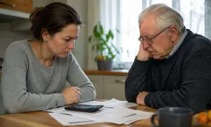 Zmartwiona kobieta i starszy mężczyzna analizują dokumenty. Rozmowa o alimentach dla rodzica.