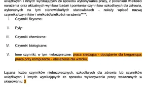 Formularz do badań wstępnych do pracy, zawierający opis czynników szkodliwych: praca siedząca, praca przy komputerze.