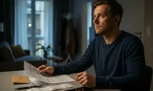 Mężczyzna zamyślony nad dokumentami, które symbolizują niesprawiedliwy podział majątku przez rodziców. Klucze i telefon leżą obok.