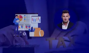 Analiza finansowa i zwolnienie podmiotowe z VAT. Biznesmen z wykresami i monetami.
