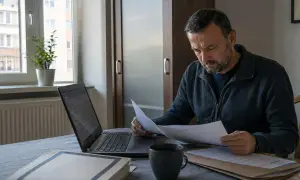 Mężczyzna pochyla się nad dokumentami, analizując je przy laptopie. Może to być związane z art. 106 kk.