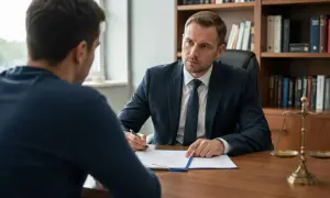 Prawnik omawia z klientem dokumenty, wskazując na możliwość umorzenia postępowania karnego.