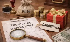 Dokumenty podatkowe, lupa, worek z PLN, monety i czerwone pudełko z kokardą symbolizują darowiznę od rodziców.