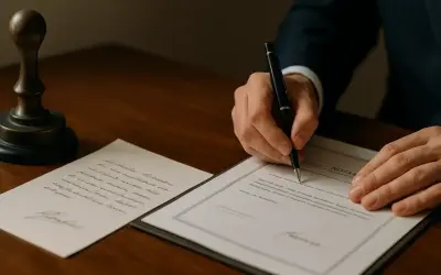 Notariusz sporządza testament z wydziedziczeniem. Na stole leży pieczęć i dokumenty.