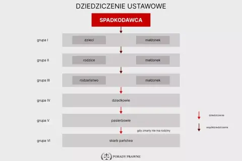 Schemat dziedziczenia ustawowego: od spadkodawcy, przez dzieci, rodziców, rodzeństwo, dziadków, pasierbów, aż do skarbu państwa.