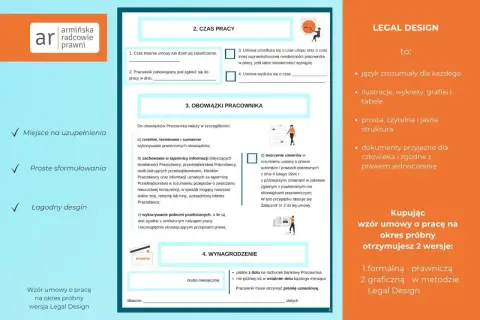 Wzór umowy o pracę na okres próbny: zawiera kluczowe dane do umowy o pracę, takie jak czas pracy, obowiązki i wynagrodzenie.