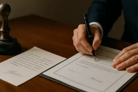 Notariusz sporządza testament z wydziedziczeniem. Na stole leży pieczęć i dokumenty.