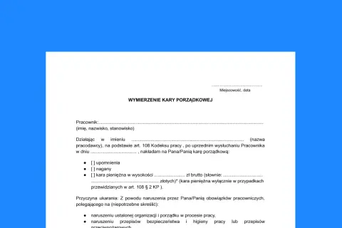 Dokument "Wymierzenie kary porządkowej" zawiera opcje nałożenia upomnienia, nagany lub kary pieniężnej.