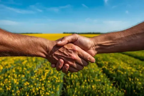 Uścisk dłoni na tle kwitnącego pola rzepaku symbolizuje przekazanie tradycji i przyszłość gospodarstwa rolnego.