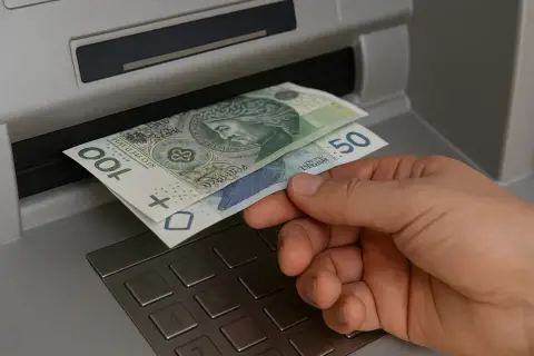 Dłoń wyjmuje banknoty 100 i 50 zł z bankomatu. Czy współwłaściciel konta może wypłacić pieniądze po śmierci właściciela?