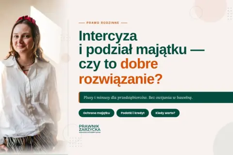 Kobieta w białej koszuli i czerwonej opasce na włosach. Grafika omawia intercyzę i podział majątku, wyjaśniając, co to jest rozdzielność majątkowa.