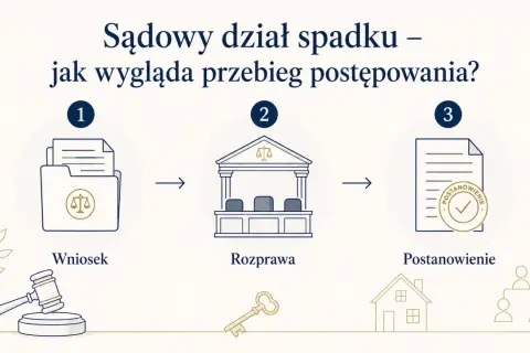 Schemat sądowego działu spadku: wniosek, rozprawa, postanowienie. Klucz do dziedziczenia i dom symbolizują nabycie spadku.