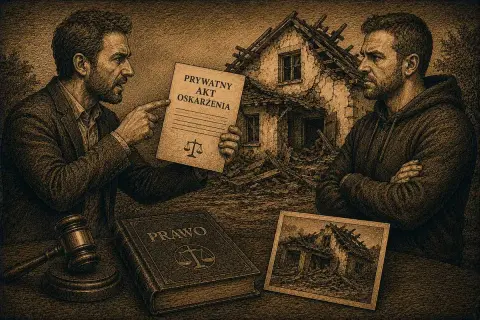 Mężczyzna pokazuje **prywatny akt oskarżenia** na tle zniszczonego domu. Obok leży księga "Prawo" i zdjęcie ruiny.