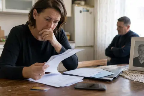Kobieta analizuje dokumenty, szukając upoważnienia do konta po śmierci bliskiej osoby. W tle stoi mężczyzna, a na stole zdjęcie z czarną wstążką.
