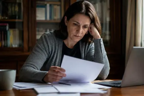 Zmartwiona kobieta przegląda dokumenty, szukając informacji, jak sprawdzić majątek zmarłego. Na biurku leży laptop i kubek kawy.