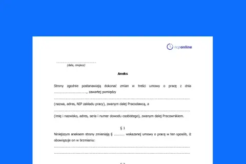 Aneks do umowy o pracę, który stanowi porozumienie zmieniające warunki pracy i płacy. Dokument zawiera dane pracodawcy i pracownika.