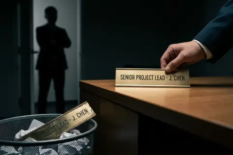 Złota tabliczka "SENIOR PROJECT LEAD - J. CHEN" jest zabierana z biurka, podczas gdy poprzednia leży w koszu na śmieci. To symbol likwidacji stanowiska pracy.