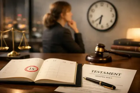 Na biurku prawnika leży testament i kalendarz z zaznaczoną datą. Rozważania nad ogłoszeniem testamentu a zachowkiem.