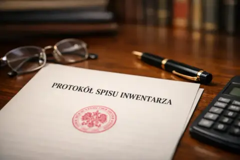 Protokół spisu inwentarza na biurku, obok okularów, długopisu i kalkulatora. Czas na formalności.