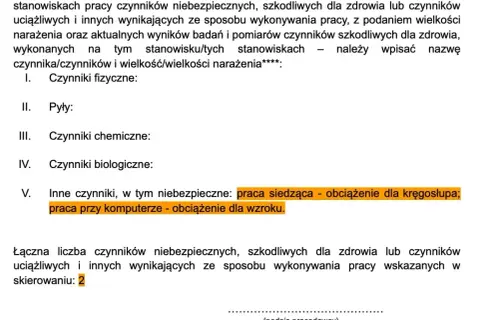 Formularz do badań wstępnych do pracy, zawierający opis czynników szkodliwych: praca siedząca, praca przy komputerze.