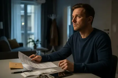 Mężczyzna zamyślony nad dokumentami, które symbolizują niesprawiedliwy podział majątku przez rodziców. Klucze i telefon leżą obok.