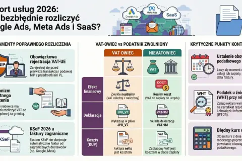 Rozliczenie importu usług (Google Ads, Meta Ads, SaaS) w 2026: VAT naliczony a należny, obowiązek podatkowy, deklaracje i koszty.