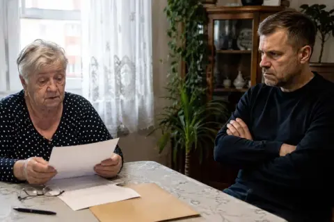 Starsza kobieta czyta dokument, podczas gdy jej syn z założonymi rękami czeka na decyzję. Czy wydziedziczony ma prawo do zachowku?