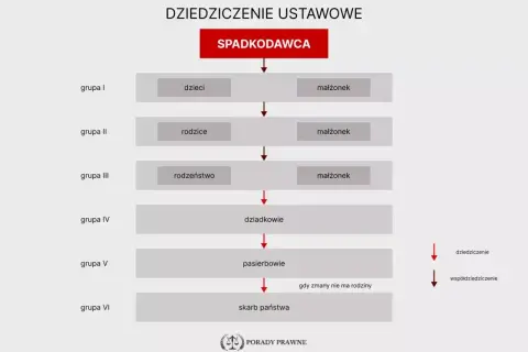 Schemat dziedziczenia ustawowego: od spadkodawcy przez dzieci, rodziców, rodzeństwo, dziadków, pasierbów do skarbu państwa. Małżonek dziedziczy w grupach I, II, III. Pomoc w sprawach za zmarłego męża.