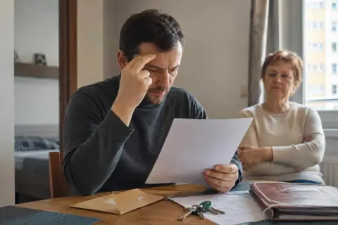 Mężczyzna zamyślony nad dokumentami, obok niego siedzi zmartwiona starsza kobieta. Może to być sytuacja związana z darowizną od osoby zadłużonej.