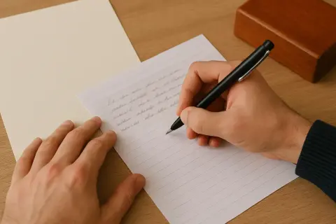 Dłoń pisze ręcznie list, być może testament holograficzny. Obok leży pusty papier i drewniane pudełko.