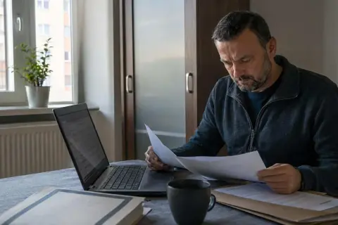 Mężczyzna pochyla się nad dokumentami, analizując je przy laptopie. Może to być związane z art. 106 kk.