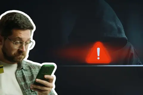 Mężczyzna z kartą kredytową i telefonem, zagrożony przez hakera. Uważaj na kredyt na telefon oszustwa!