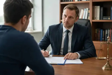 Prawnik omawia z klientem dokumenty, wskazując na możliwość umorzenia postępowania karnego.