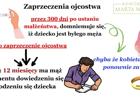 Pozew o zaprzeczenie ojcostwa: 12 miesięcy od dowiedzenia się o narodzeniu dziecka. Dziecko domniemane jest jako syn byłego męża, chyba że kobieta wyszła ponownie za mąż.