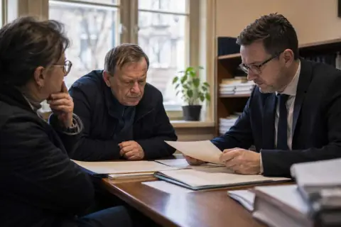 Prawnik omawia dokumenty z parą, która chce dowiedzieć się, jak sprawdzić czy jestem spadkobiercą.