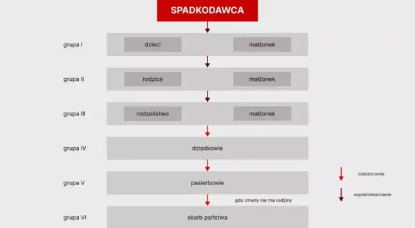 Schemat dziedziczenia ustawowego: od spadkodawcy, przez dzieci, rodziców, rodzeństwo, dziadków, pasierbów, aż do skarbu państwa.