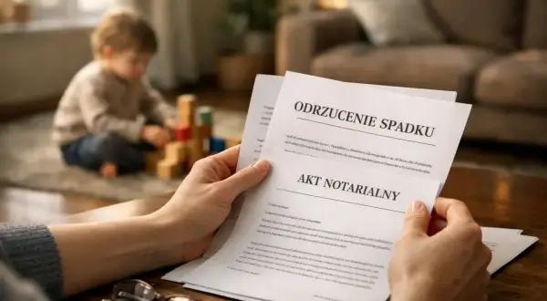 Dłoń trzyma dokument "Odrzucenie spadku", podczas gdy w tle bawi się dziecko.